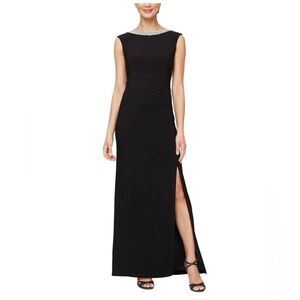 Alex Evenings Black Maxi Dress with Silver Accents